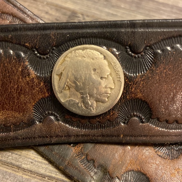 Vintage 1981 Octanner Chevron Brass Belt Buckle With Leather Buffalo Nickel Coin - Picture 4 of 8